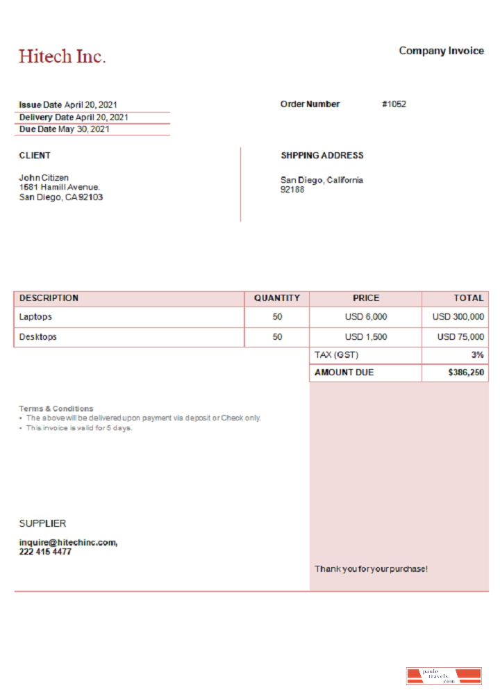 USA Hitech Inc. invoice PSD template
